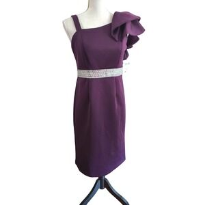 R & M Richards Plum Dress Size 4 One Shoulder‎ Ruffle Rhinestone Belt 5593N
